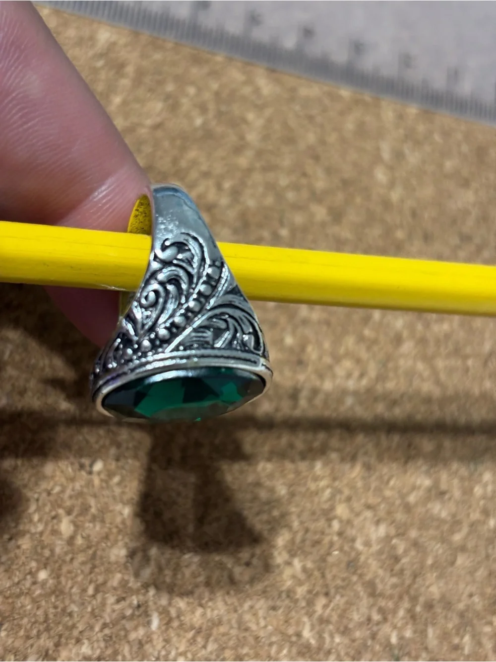 Silver Ring with Emerald Green Stone - Classic Statement Vintage Goth Unisex